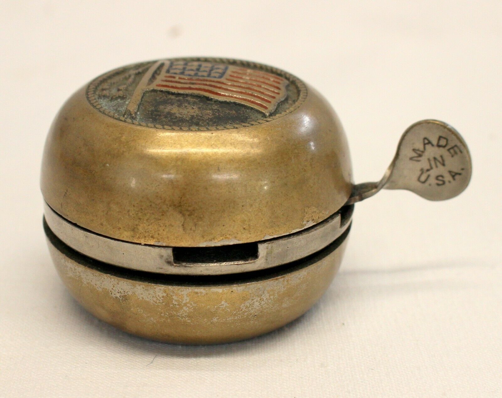 early AMERICAN FLAG Themed Bicycle BELL Made in USA Handlebars Bracket WORKING - Fresh Stock Dated December 2025