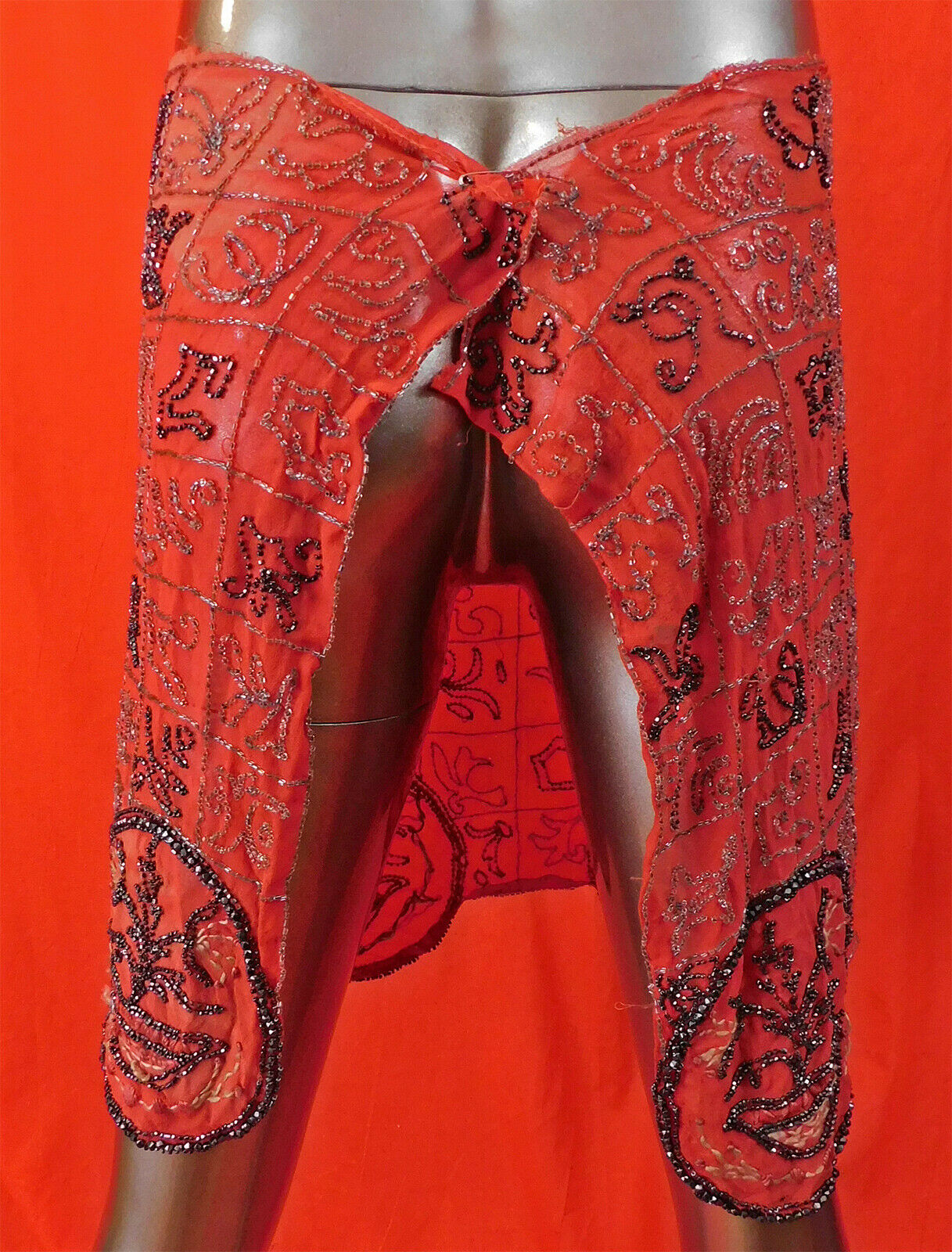 Vintage Art Deco Red Silk Black Beaded Embroidered Flapper Dress Skirt Fabric - Fresh Stock Dated March 2026