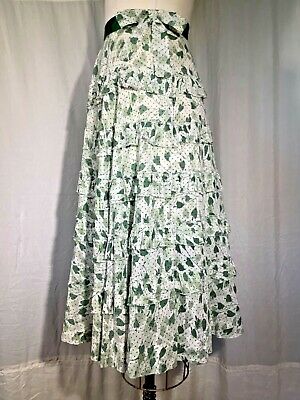 Vintage ruffled Skirt green Midi 100% cotton 30’s Leaf heart S ribbon waist Zip - Fresh Stock Dated March 2026