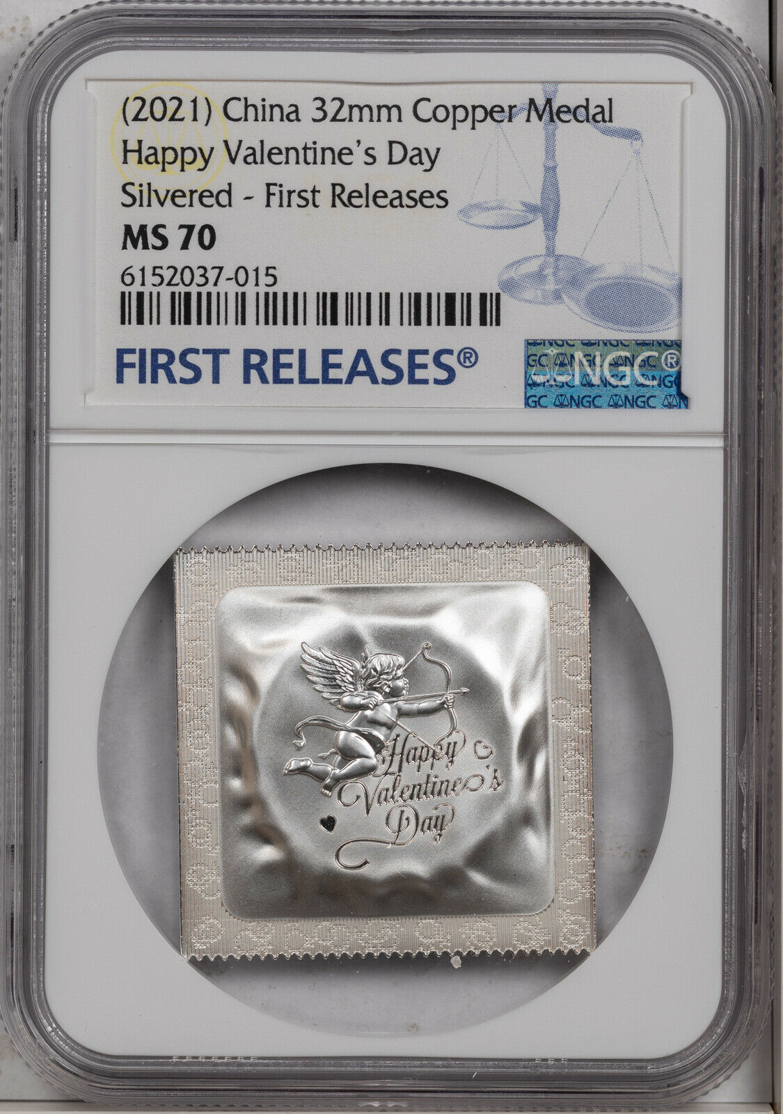 2021 CHINA 32mm COPPER MEDAL VALENTINES DAY SILVERED NGC MS 70 FINEST KNOWN - Fresh Stock Dated February 2026