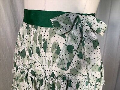 Vintage ruffled Skirt green Midi 100% cotton 30’s Leaf heart S ribbon waist Zip - Fresh Stock Dated March 2026