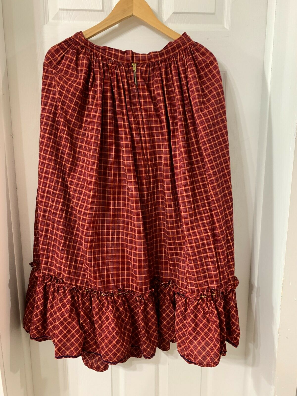 VTG  Handmade Midi Skirt Plaid Calico Ruffle Prairie Cottagecore SMALL (28