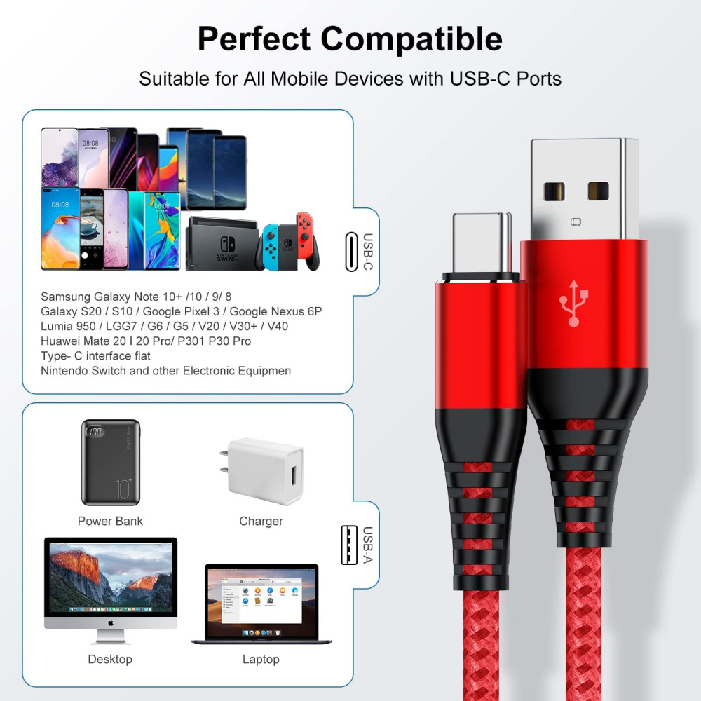 USB A to Type C Cable, Cabepow [2Pack] 10ft Extra Long Fast 10Feet, 2Pack Red - Fresh Stock Dated February 2026