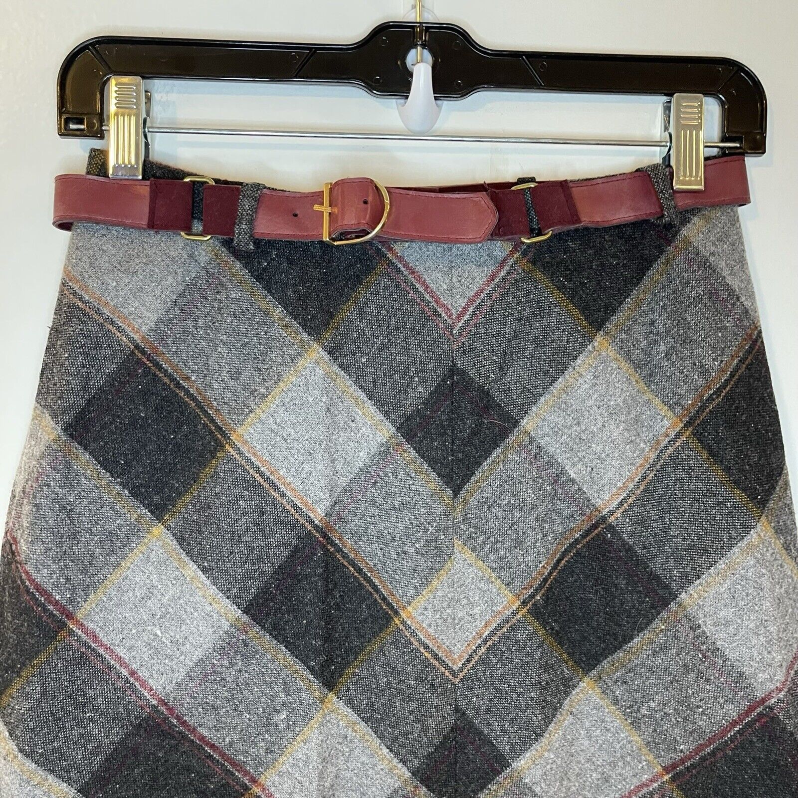 Vintage Century of Boston 1970s 70s Plaid Wool A-Line Midi Skirt Belt Gray Red - Fresh Stock Dated March 2026
