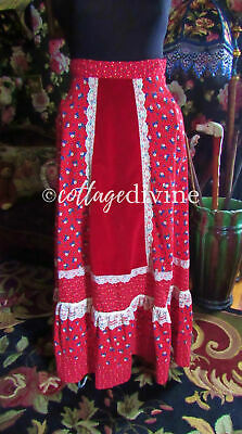 Magical Red Velvet Accent Calico Gunne Sax Gunnies Vtg 1970s Maxi Prairie Skirt - Fresh Stock Dated February 2026