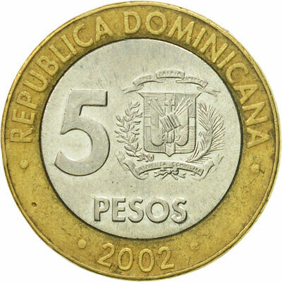 [#526983] Coin, Dominican Republic, 5 Pesos, 2002, AU(50-53), Bi-Metallic, KM:89 - Fresh Stock Dated December 2025