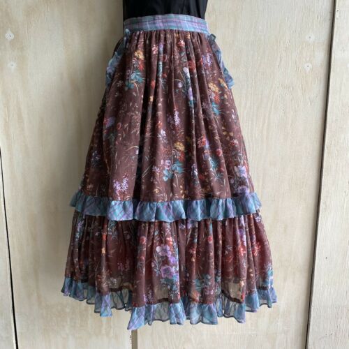 Vintage Gunne Sax Jessica McClintock Tiered Brown Floral Print Midi Skirt 5 - Fresh Stock Dated February 2026
