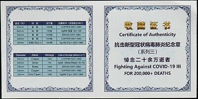 China 2020 One World One Fight Fighting Against Virus Copper Medal COA - Fresh Stock Dated February 2026