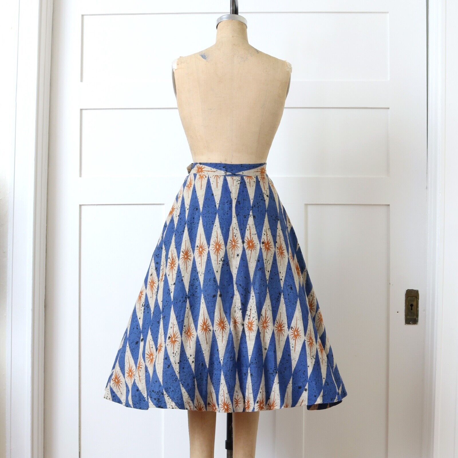 Vintage 1950s MCM Atomic Starburst Print Full Circle Skirt Blue Gold Linen Blend - Fresh Stock Dated March 2026