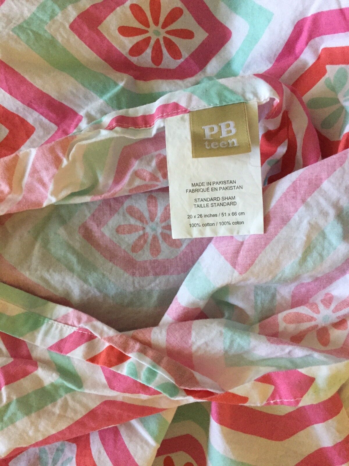 Pottery Barn Teen Pillow Sham Standard Cotton Geo Pink Orange Mint Green Cute! - Fresh Stock Dated February 2026