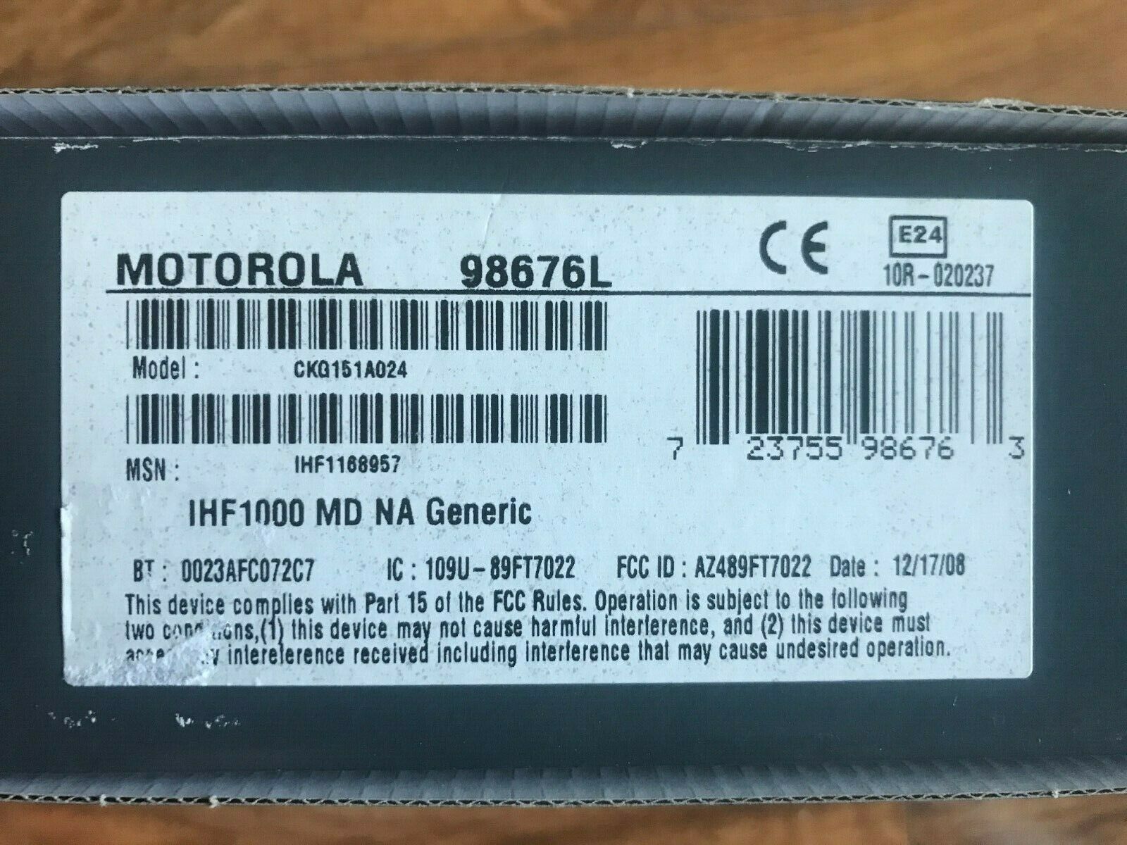 Motorola Bluetooth Car kit IHF1000 MD NA Generic CKG151A024 98676L New - Fresh Stock Dated February 2026