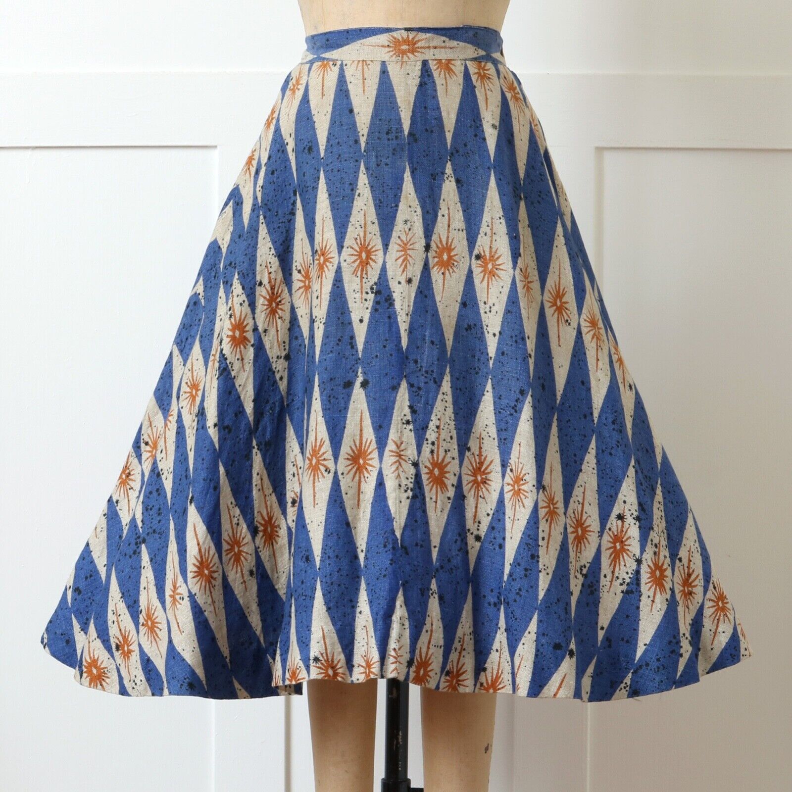 Vintage 1950s MCM Atomic Starburst Print Full Circle Skirt Blue Gold Linen Blend - Fresh Stock Dated March 2026
