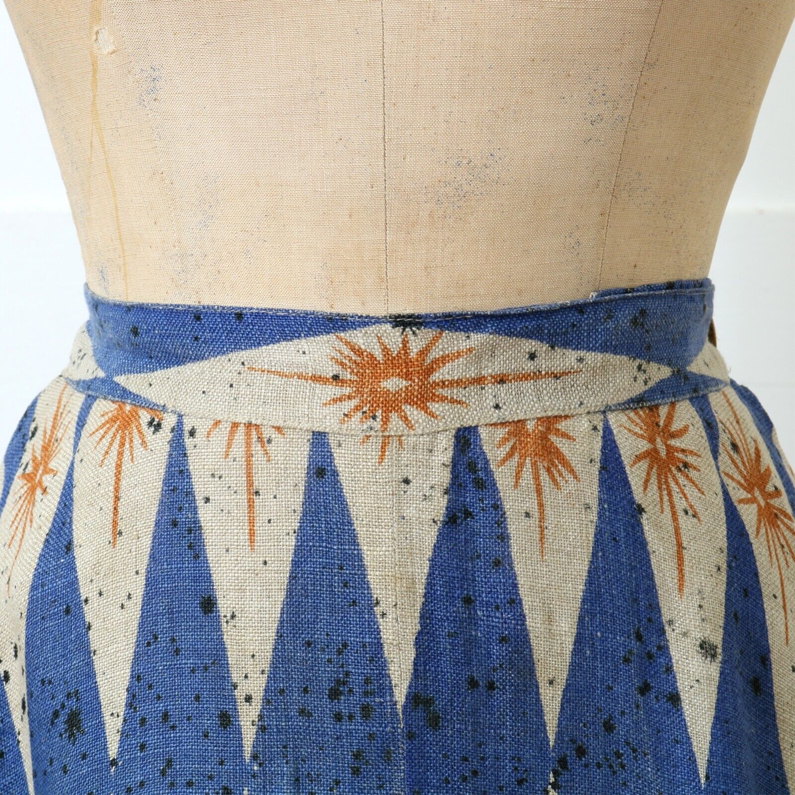 Vintage 1950s MCM Atomic Starburst Print Full Circle Skirt Blue Gold Linen Blend - Fresh Stock Dated March 2026