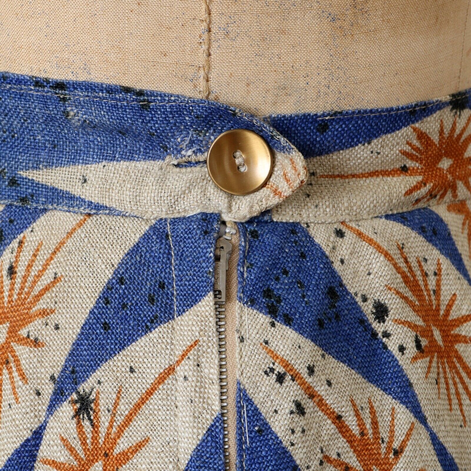Vintage 1950s MCM Atomic Starburst Print Full Circle Skirt Blue Gold Linen Blend - Fresh Stock Dated March 2026
