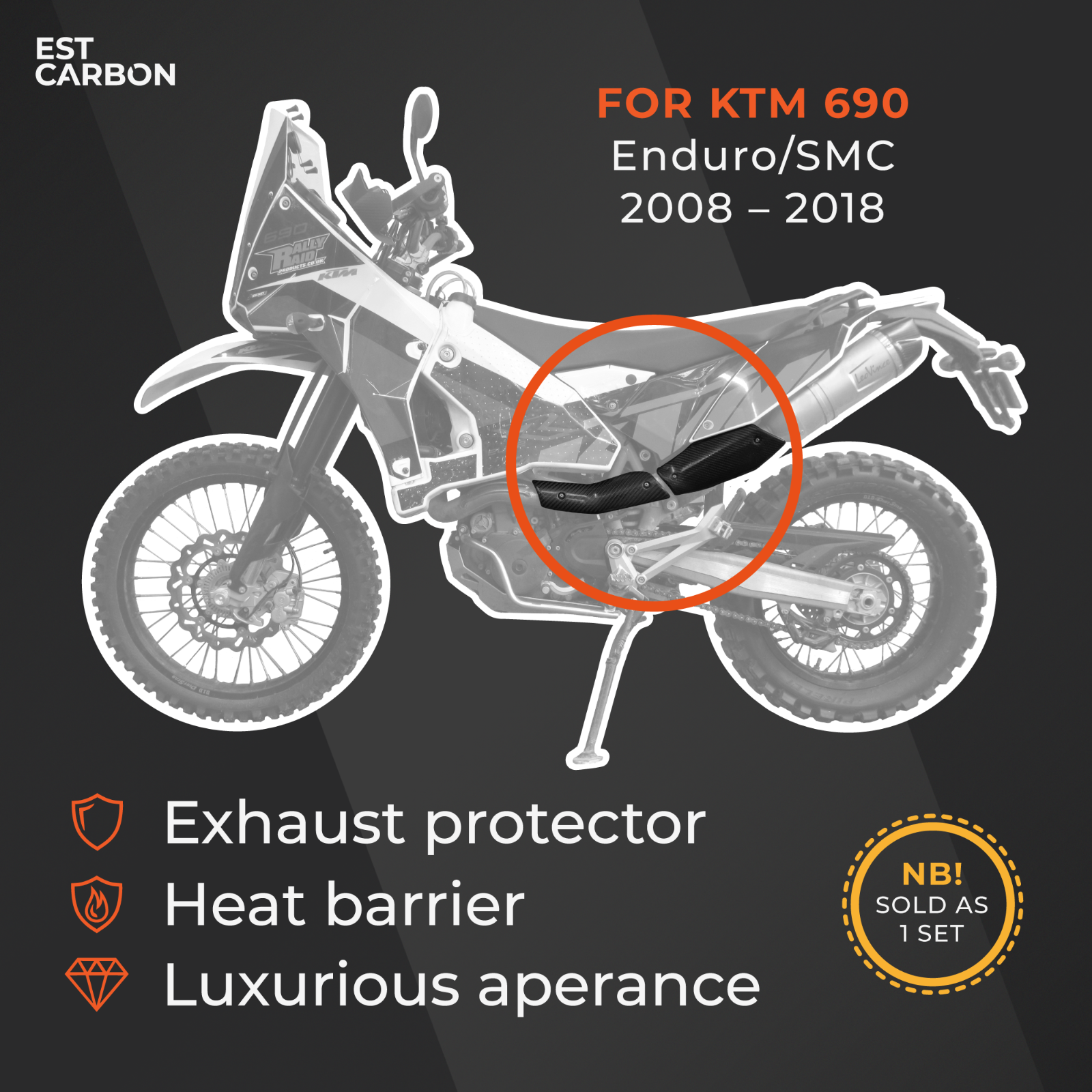 Exhaust Heat Shield Cover Protector, KTM 690 SMC/Enduro/Duke 08-18 Carbon Fiber - Fresh Stock Dated February 2026