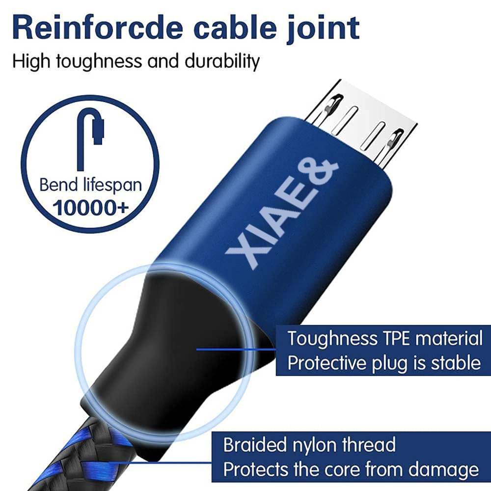 Micro USB Cable,XIAE& 5Pack (3/3/6/6/10FT) Nylon Braided Fast Black&Blue - Fresh Stock Dated February 2026