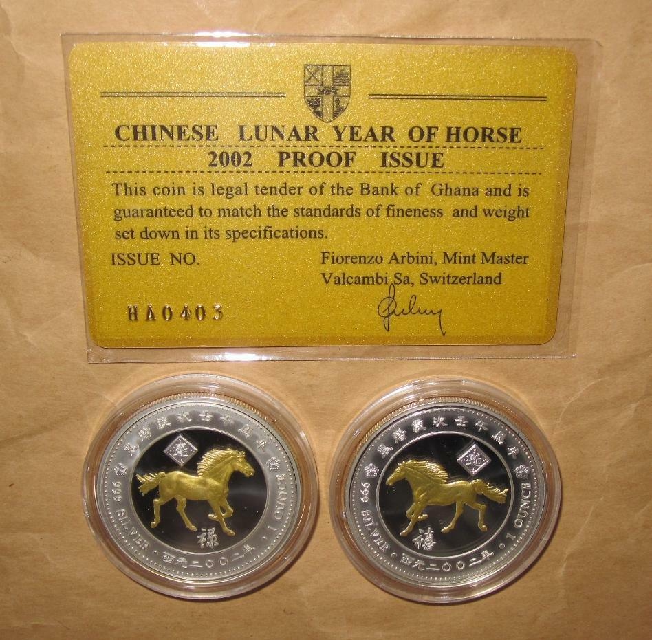2002 GHANA year of HORSE(Gilded) 0 S PROOF(PP) silver 2 coins set with COA - Fresh Stock Dated February 2026