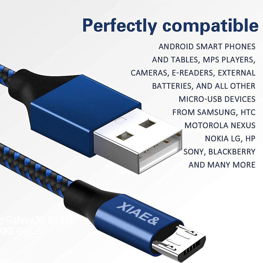 Micro USB Cable,XIAE& 5Pack (3/3/6/6/10FT) Nylon Braided Fast Black&Blue - Fresh Stock Dated February 2026