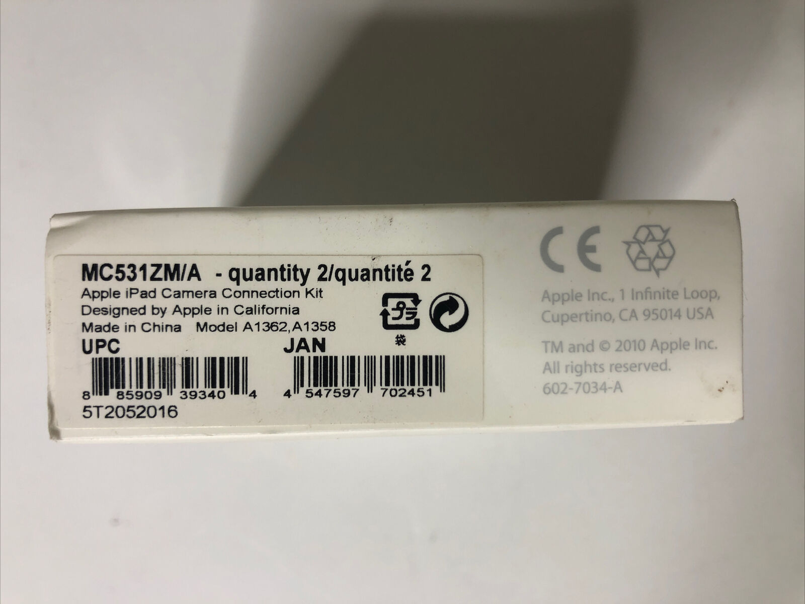 NEW Genuine Apple iPad Camera Connection Kit MC531ZM/A with parts A1362 & A1358 - Fresh Stock Dated February 2026