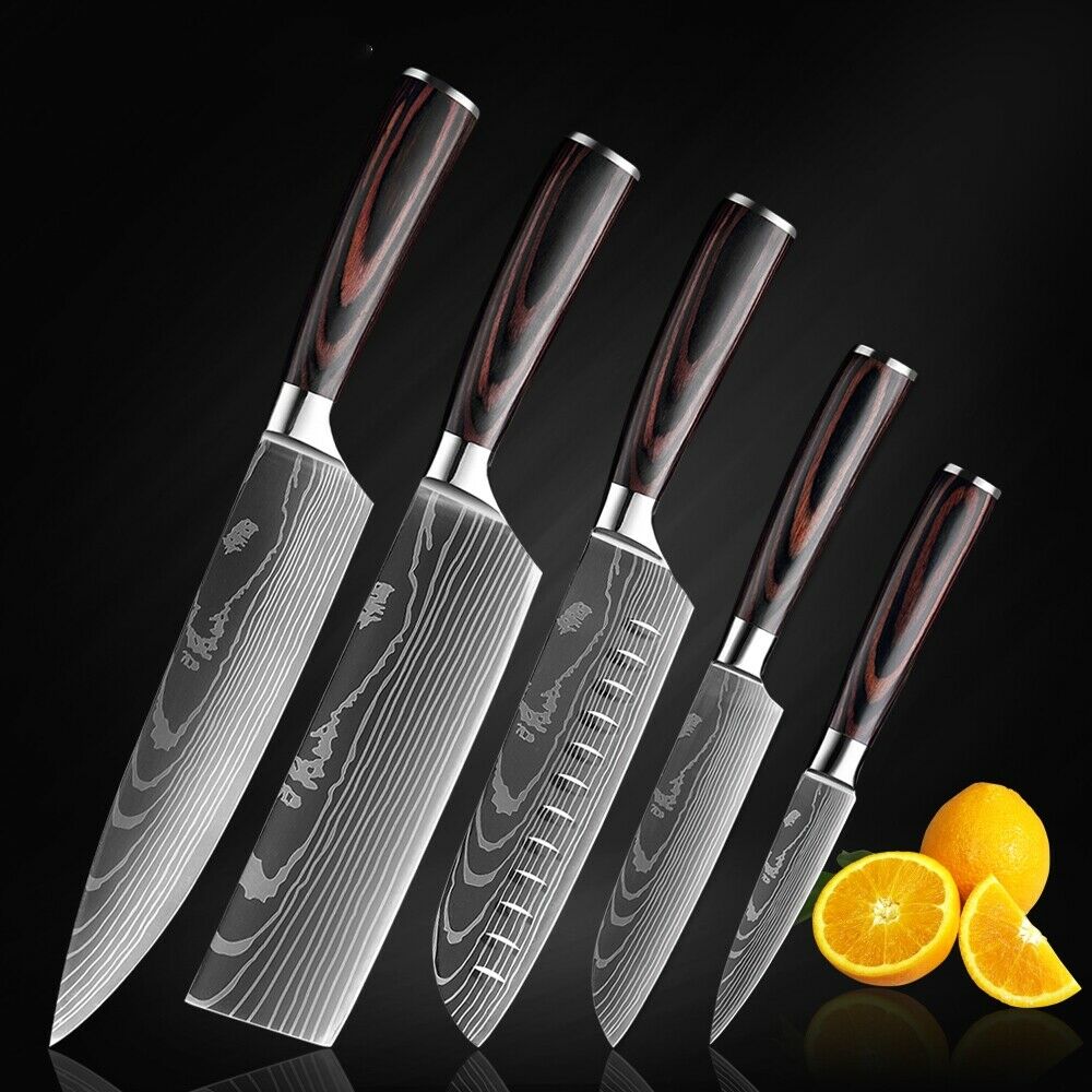 5 Piece Kitchen Knives Set Japanese Damascus Pattern Stainless Steel Chef Knife - Fresh Stock Dated December 2025