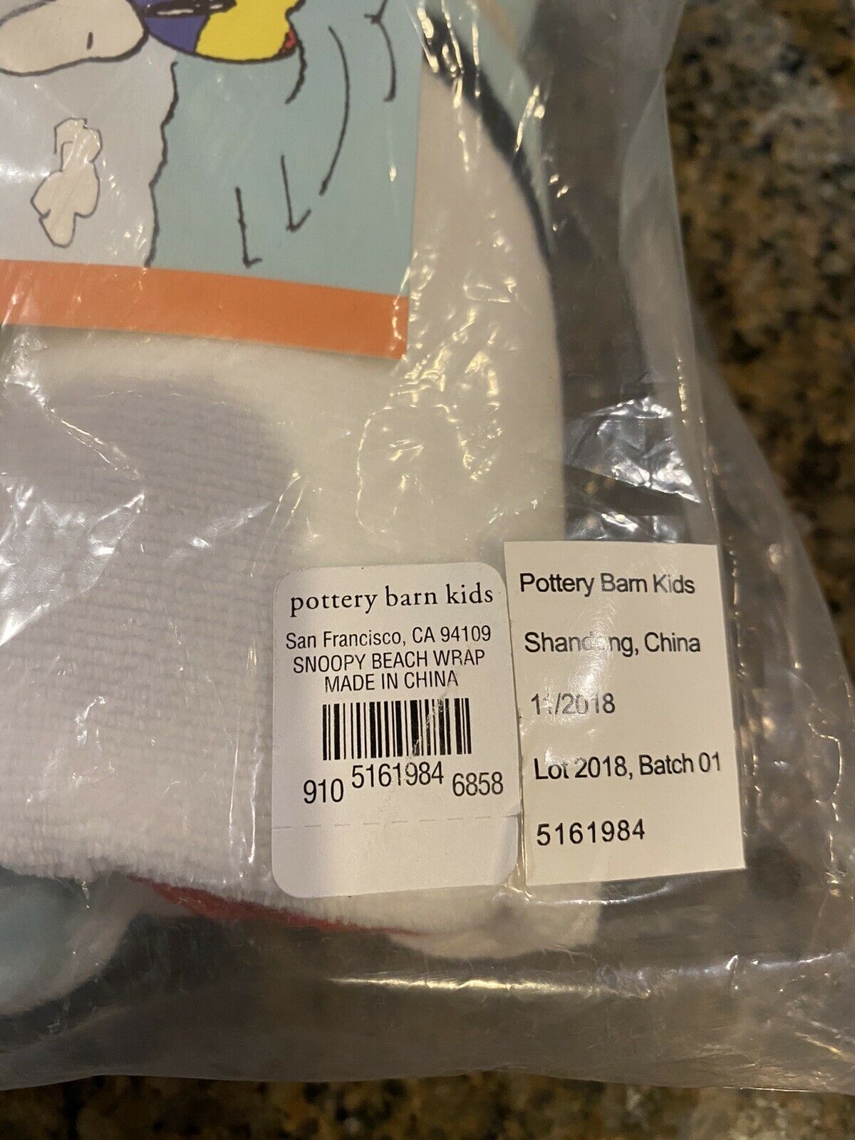 NWT Pottery Barn Kids Snoopy Peanuts Beach Wrap Hooded Towel - Fresh Stock Dated December 2025