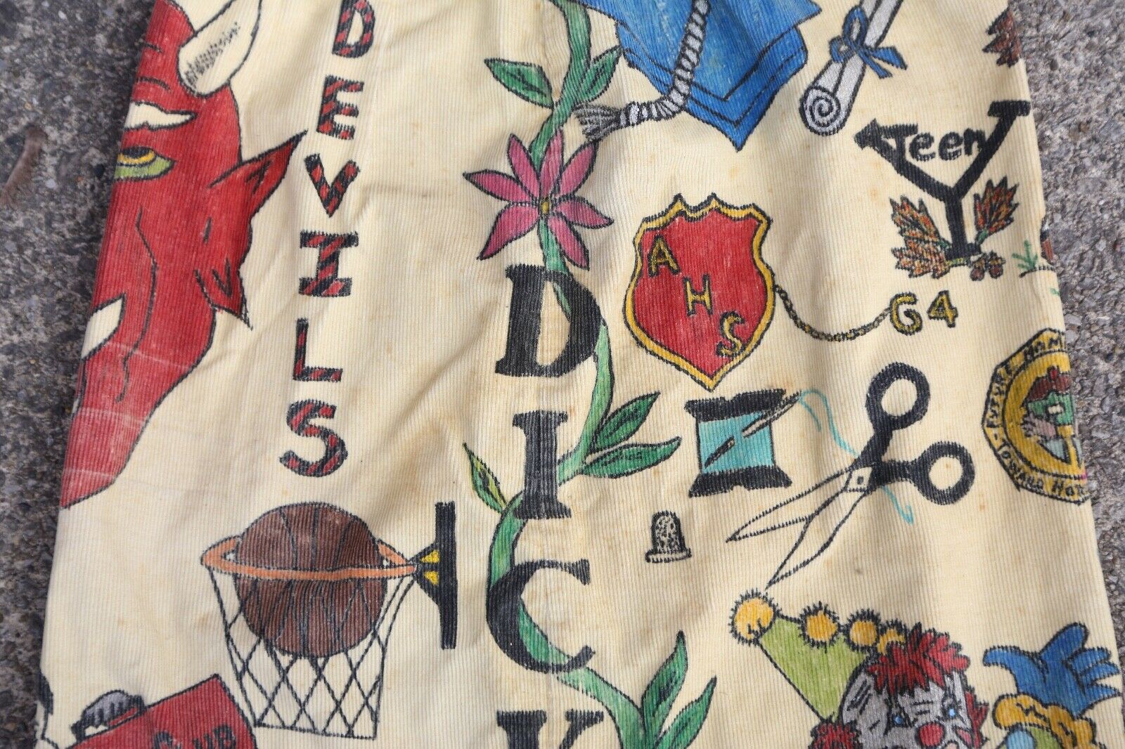 Vintage 60s Senior Cords skirt RARE Folk Art Devil Head Corduroy Skirt School - Fresh Stock Dated February 2026