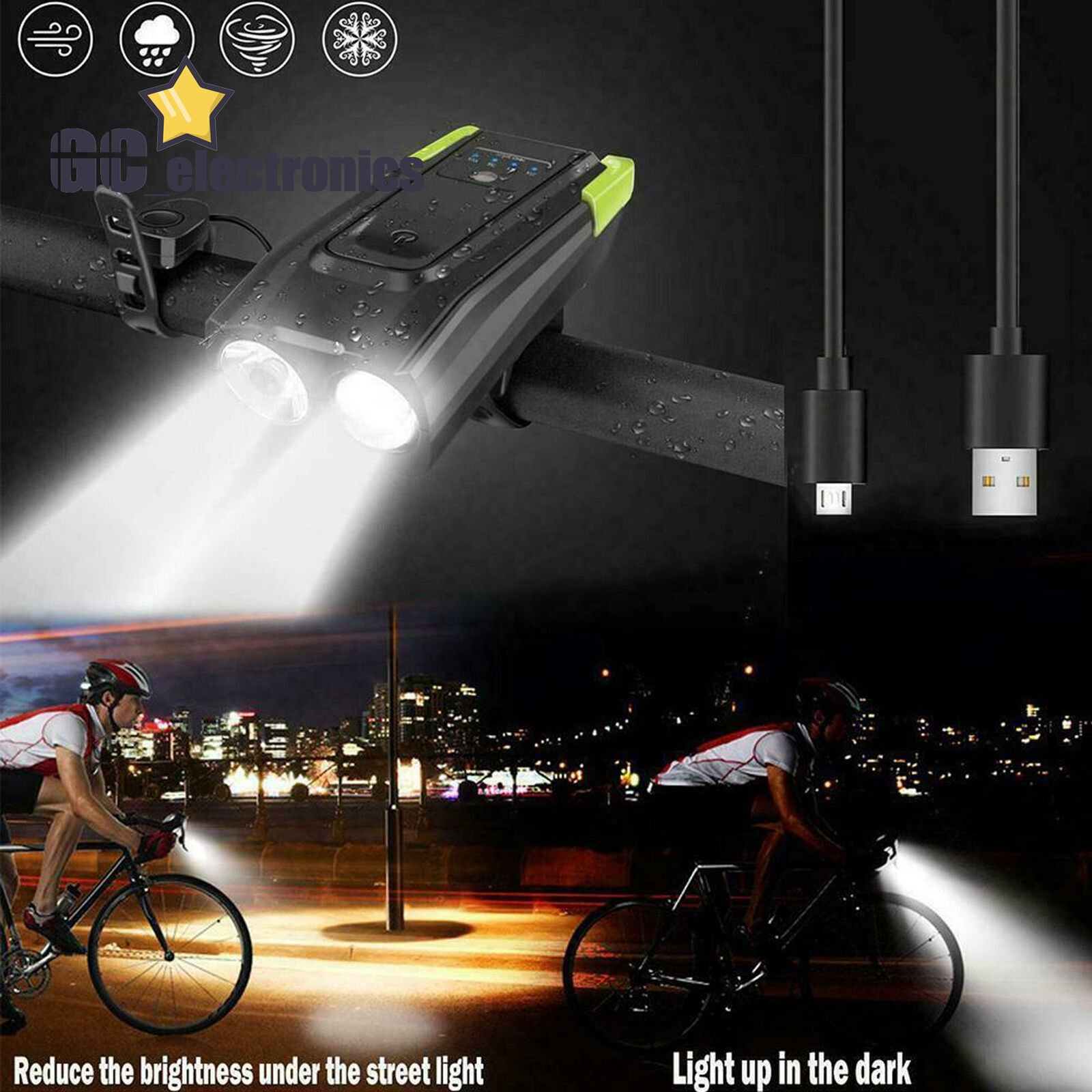 Waterproof USB Rechargeable LED Bicycle Headlight Bike Head Light Lamp+Horn A3GS - Fresh Stock Dated February 2026
