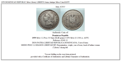 1959 DOMINICAN REPUBLIC Silver Liberty LIBERTO Arms Antique Silver Coin i82055 - Fresh Stock Dated February 2026
