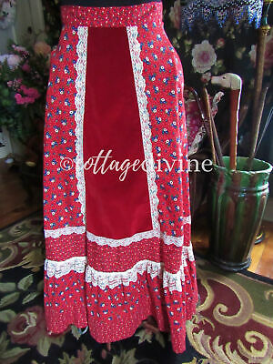Magical Red Velvet Accent Calico Gunne Sax Gunnies Vtg 1970s Maxi Prairie Skirt - Fresh Stock Dated February 2026