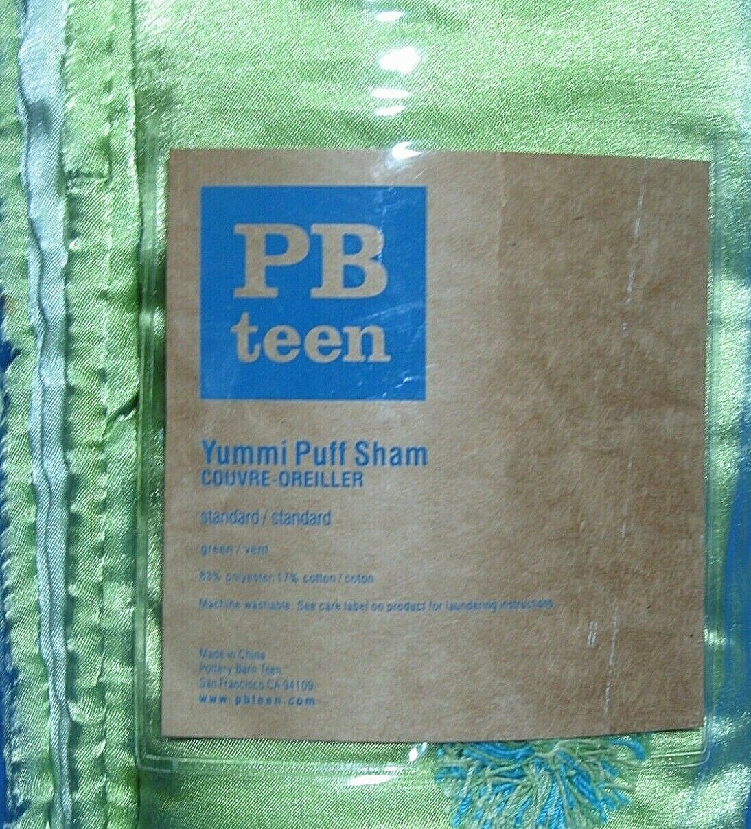 NIP POTTERY BARN PB Teen YUMMI PUFF PomPom LIME GREEN Satin STANDARD SHAM - Fresh Stock Dated December 2025