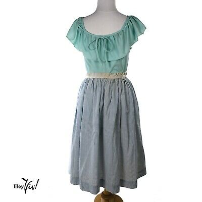 Vintage 50s Blue Check Skirt w Attached Crinoline -Elastic Waist 26-30