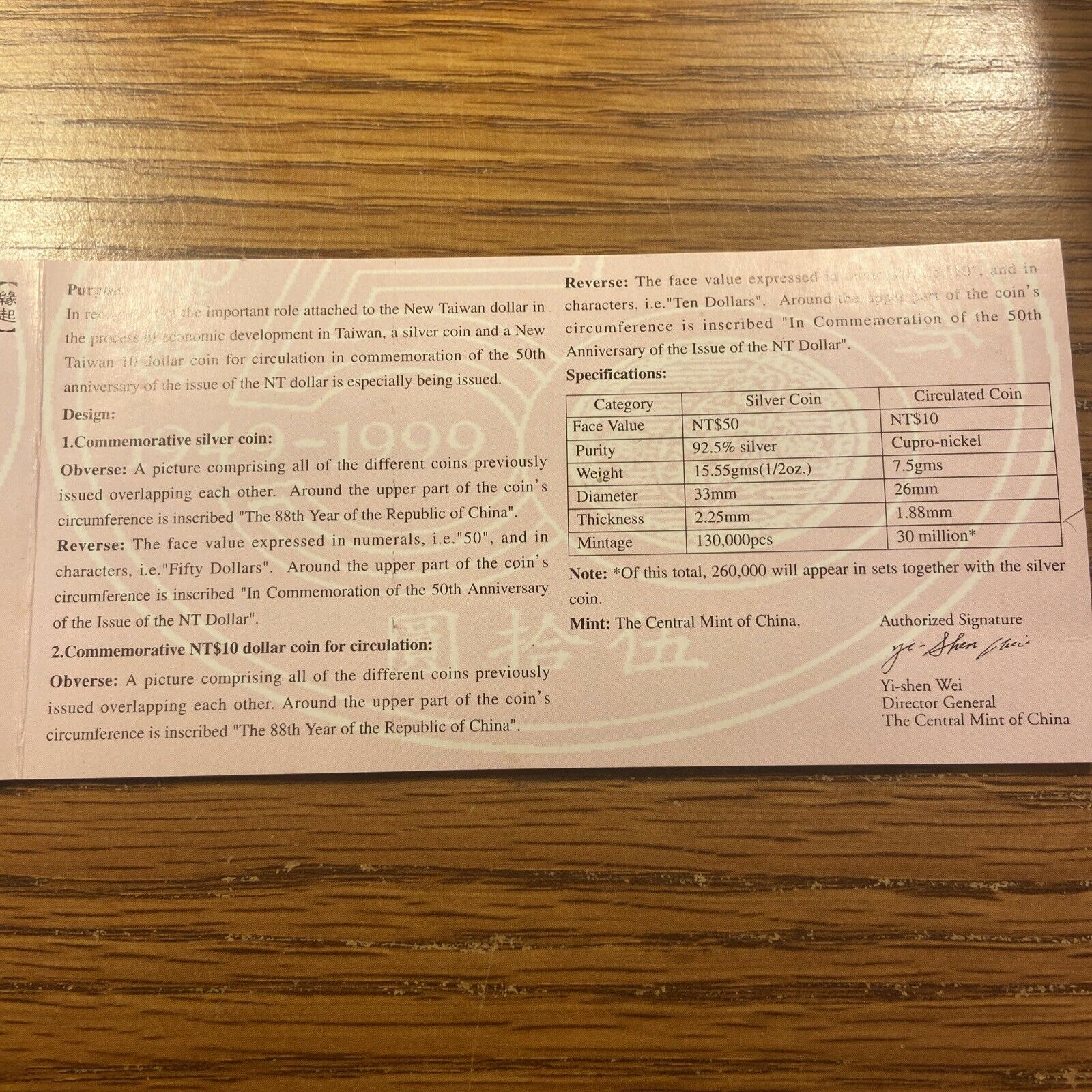 1999 Taiwan 50th New Currency Proof Silver Coin - Wood Box & COA- China Mint Set - Fresh Stock Dated February 2026