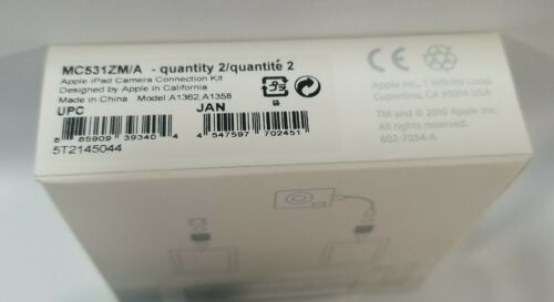 APPLE IPAD CAMERA CONNECTION KIT & CABLE MC531ZM/A Model A1362 A1358 New GENUINE - Fresh Stock Dated February 2026