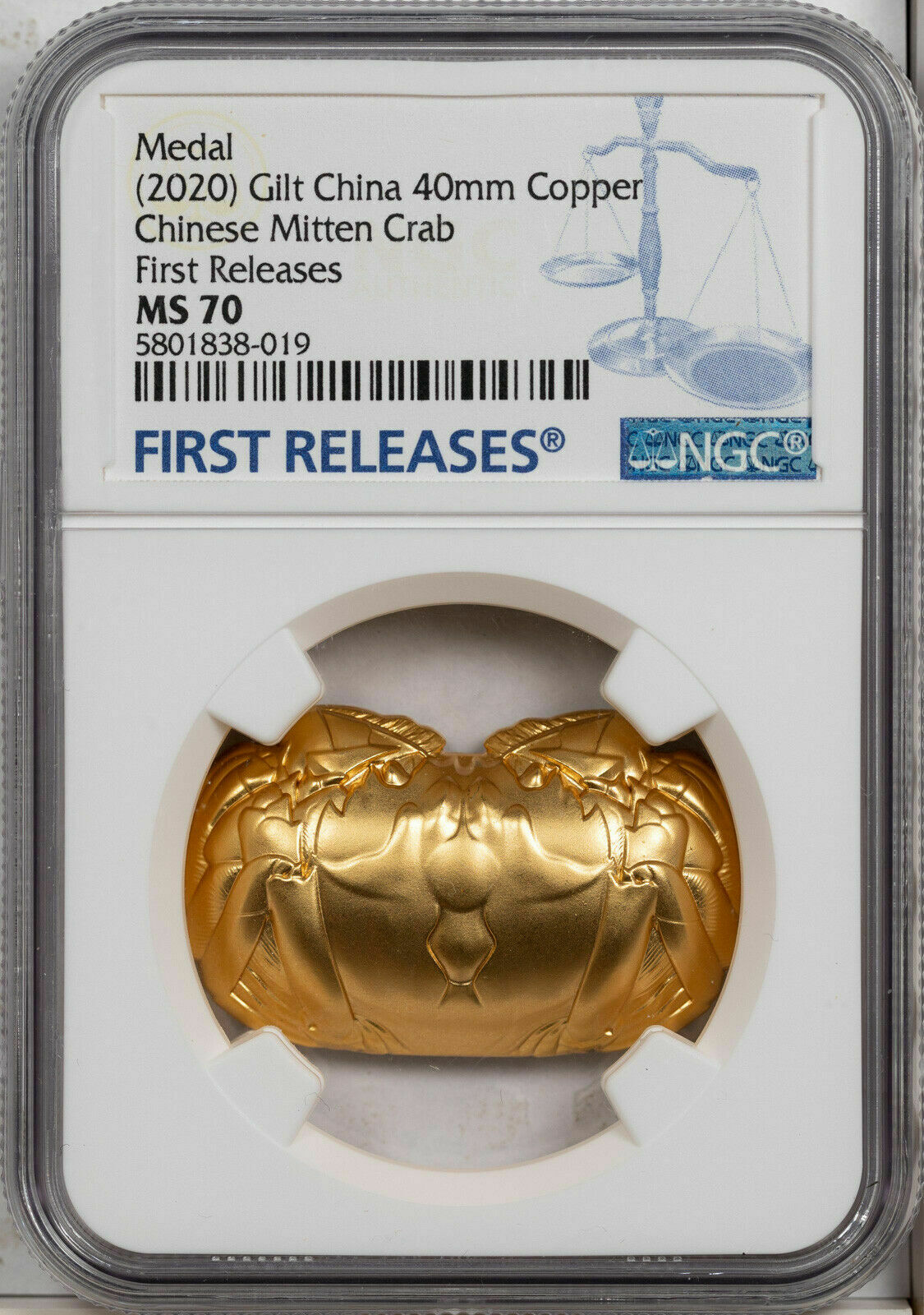 2020 GILT CHINA 40mm COPPER CHINESE MITTEN CRAB NGC MS 70 FINEST KNOWN WORLDWIDE - Fresh Stock Dated February 2026