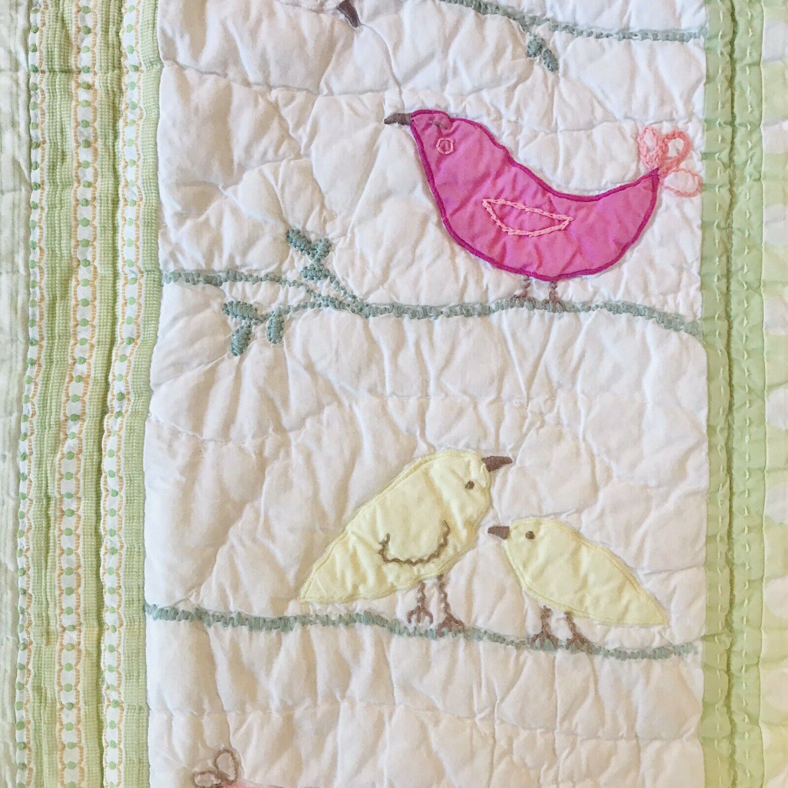 Pottery Barn Kids Quilted Standard Pillow Sham Birds Pink Green White - Fresh Stock Dated December 2025