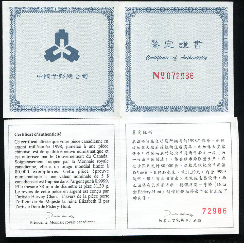 China Canada 1998 Norman Bethune Commemorative Silver 2 Coins 1oz 10 Yuan COA - Fresh Stock Dated February 2026