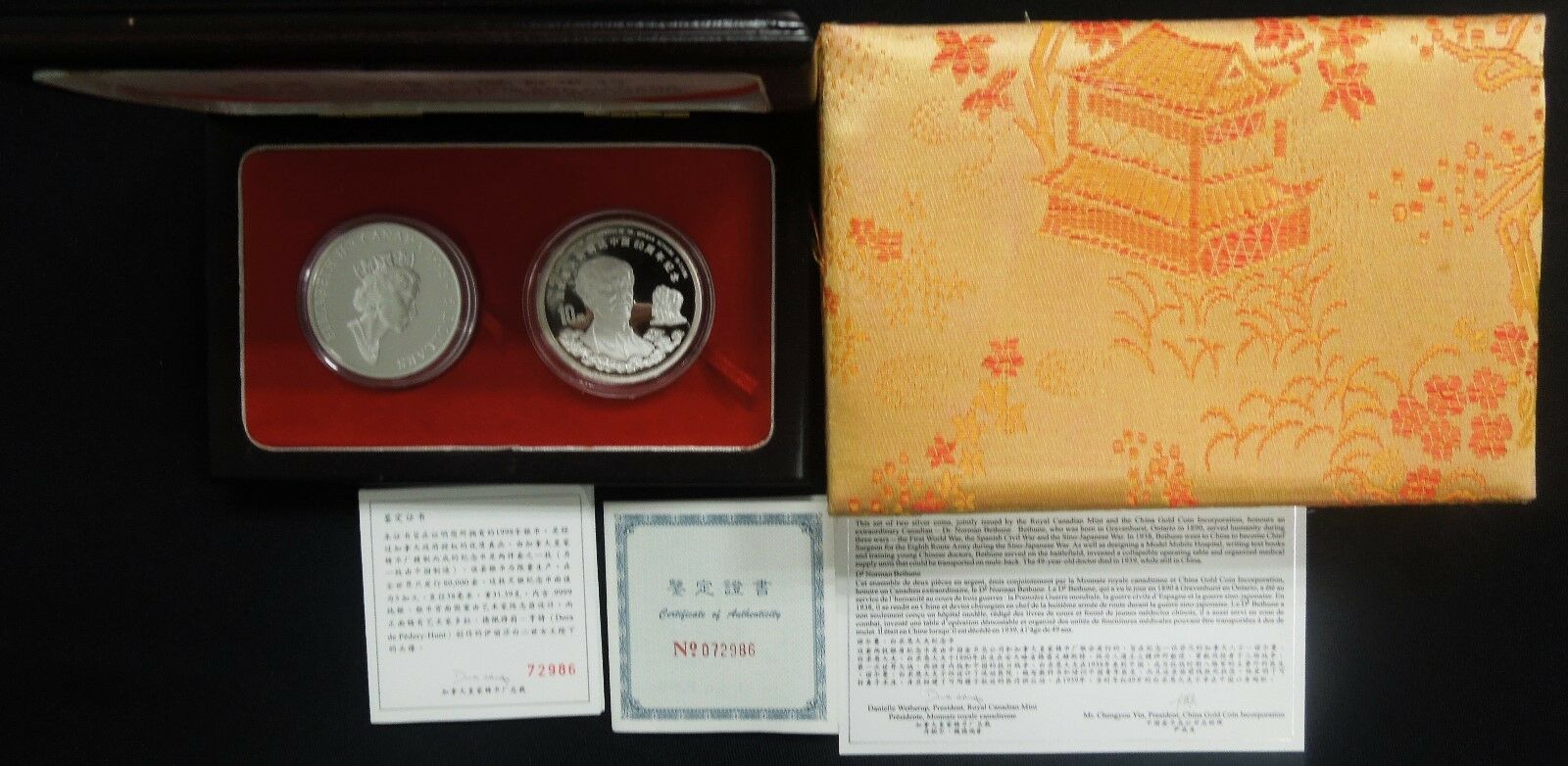 China Canada 1998 Norman Bethune Commemorative Silver 2 Coins 1oz 10 Yuan COA - Fresh Stock Dated February 2026
