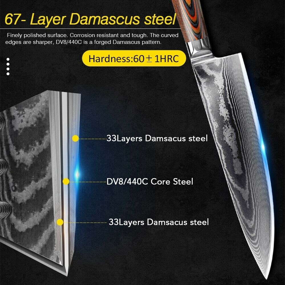 Kitchen Damascus Steel Chef Knife Set Handmade VG10 67 Layers Knives Wood Handle - Fresh Stock Dated December 2025