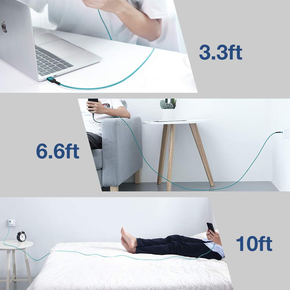 USB-C Cable 3A Fast Charging, JSAUX 3-Pack 3.3ft+6.6ft+10ft, Green - Fresh Stock Dated February 2026