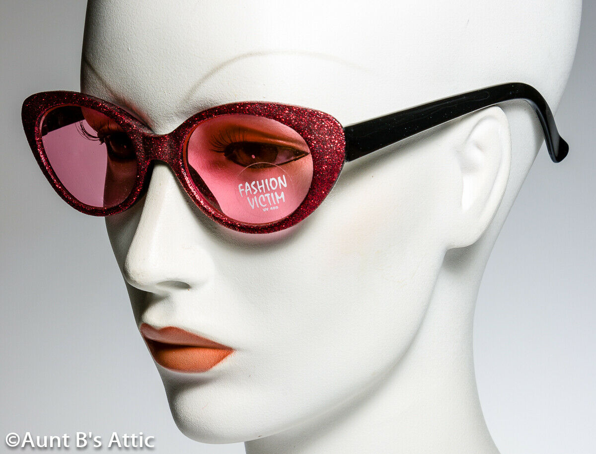 Sunglasses Fashion Victim Red Glitter Frame Rose Tinted Lens Novelty Sunglasses - Fresh Stock Dated February 2026