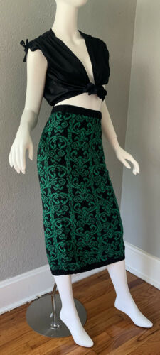 Vintage 80s Retro High Waist Green Baroque Pencil Sweater Midi Skirt XS/S - Fresh Stock Dated March 2026