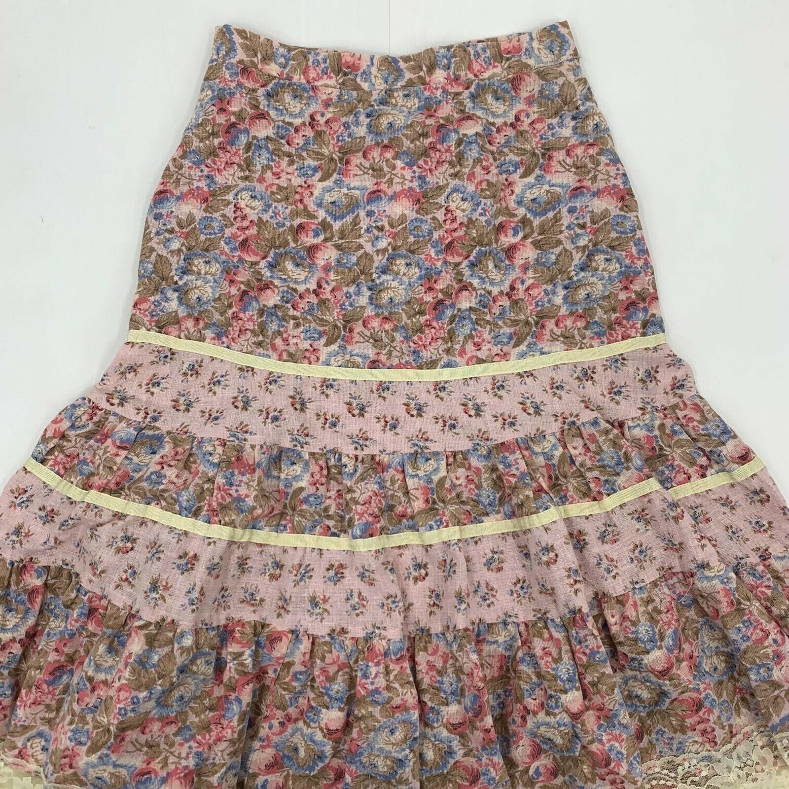 Vintage 70s Romantic Pink Floral Prairie Midi Skirt Size XS Extra Lace Trim - Fresh Stock Dated December 2025