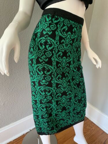 Vintage 80s Retro High Waist Green Baroque Pencil Sweater Midi Skirt XS/S - Fresh Stock Dated March 2026