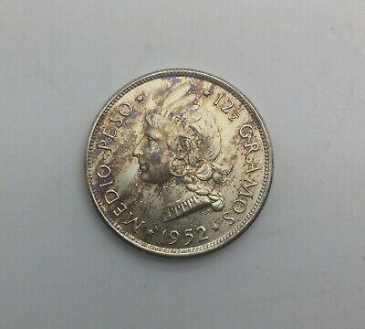 1952 Dominican Republic 1/2 Peso KM#21 Lt  Toning Blazing Lustre Very Nice Coin - Fresh Stock Dated December 2025