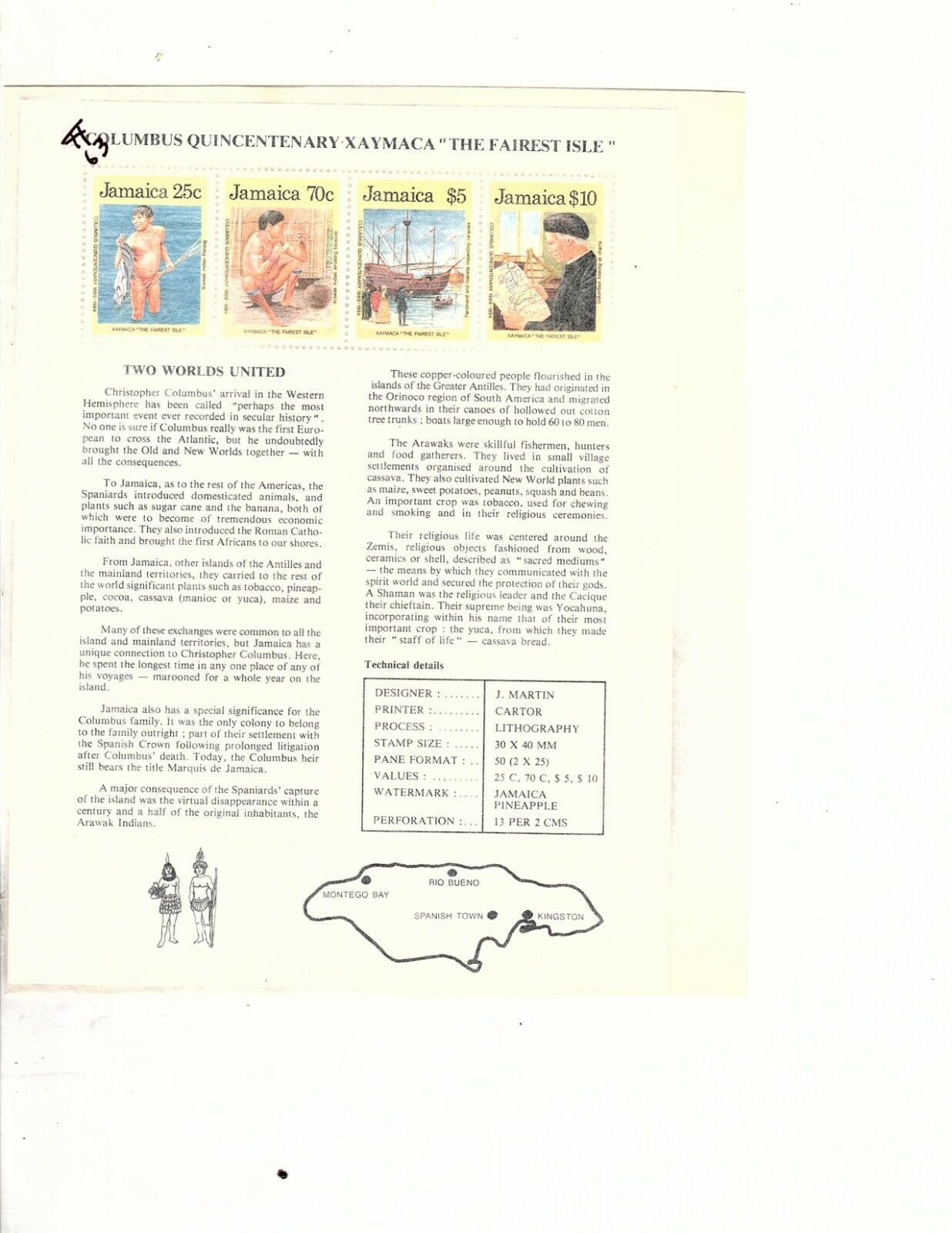 Jamaica, MNH, 1989, S/S, COLUMBUS QUINCENTENARY XAYMACA part 1 and 2 (mb23 - Fresh Stock Dated February 2026