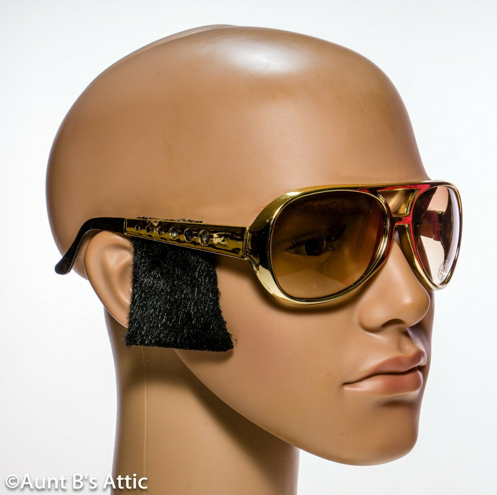 Elvis Sunglasses W/ Attached Sideburns Gold Plastic Frame Shaded Costume Glasses - Fresh Stock Dated February 2026