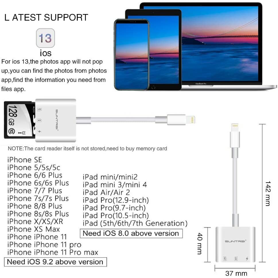 Lightning Apple Ipad Iphone Tail Adapter SD/Micro SD Card Reader Camera Reader - Fresh Stock Dated February 2026