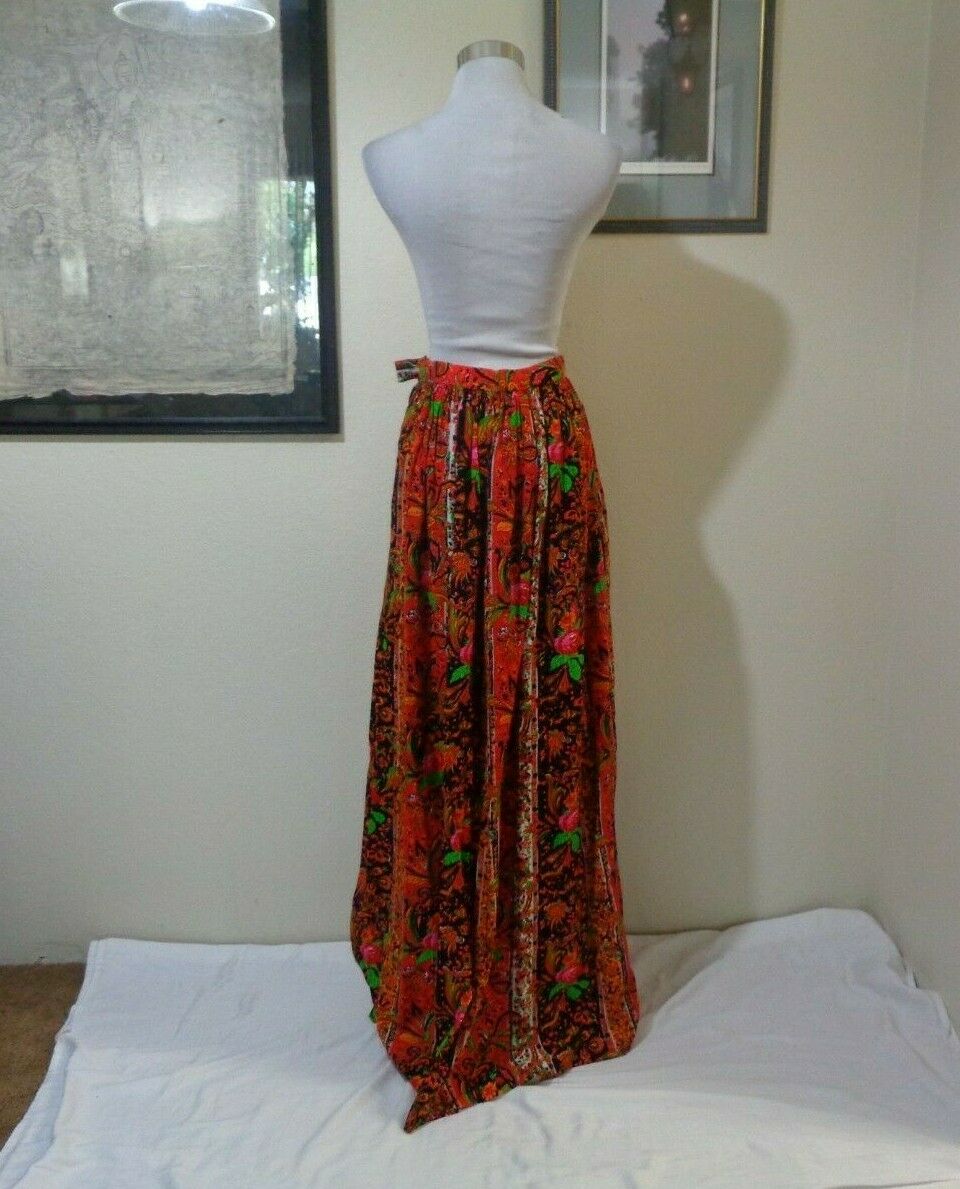 1960s MOD BOHO HAND MADE ORANGE/PINK/BLACK FLORAL PRINT FULL MAXI SKIRT SZ S/M - Fresh Stock Dated March 2026