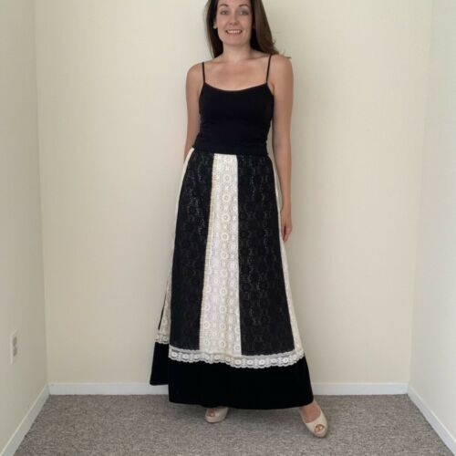 1970s Gunne Sax style Maxi Panel Skirt Lace Boho Hippy Black White Long Prairie - Fresh Stock Dated February 2026
