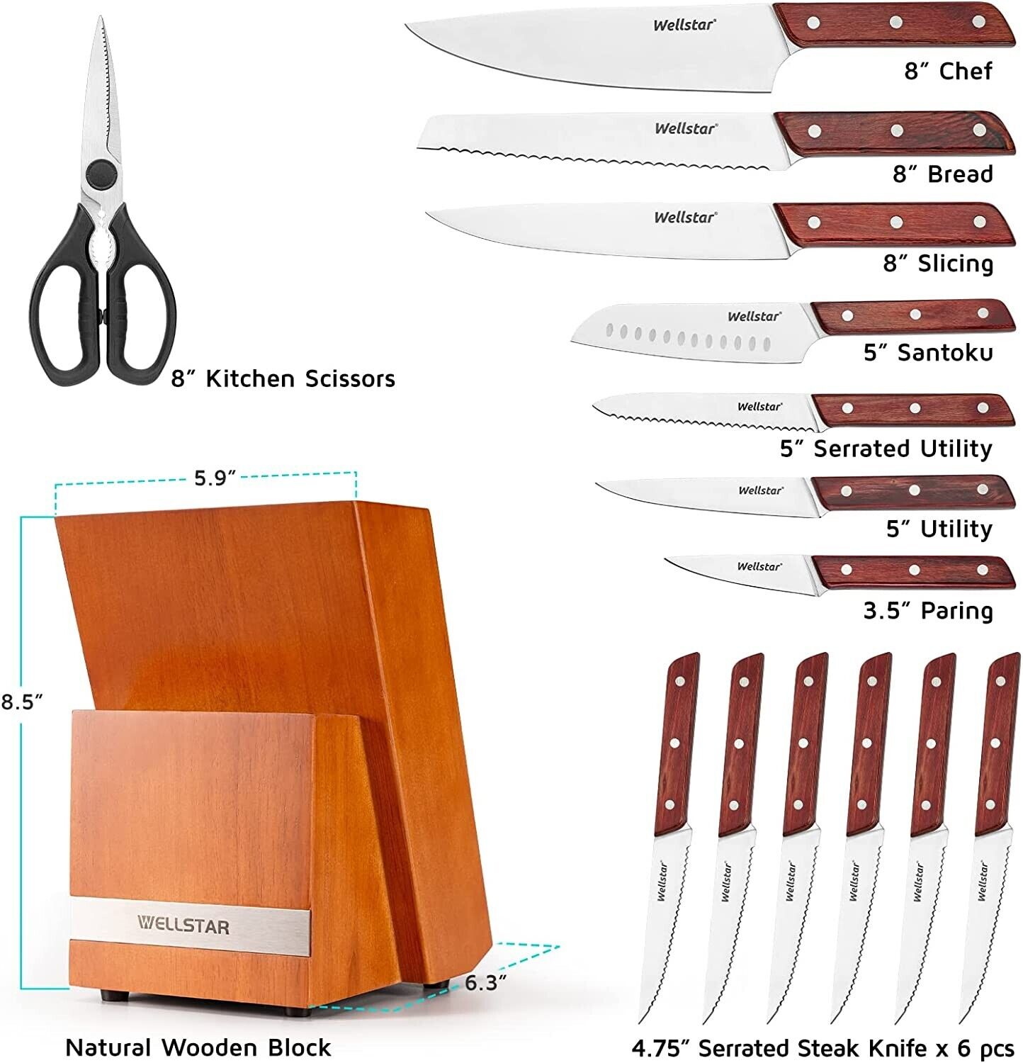 Knife Set, 15-Piece Kitchen Knife Set with Block Wooden German Stainless Steel - Fresh Stock Dated February 2026